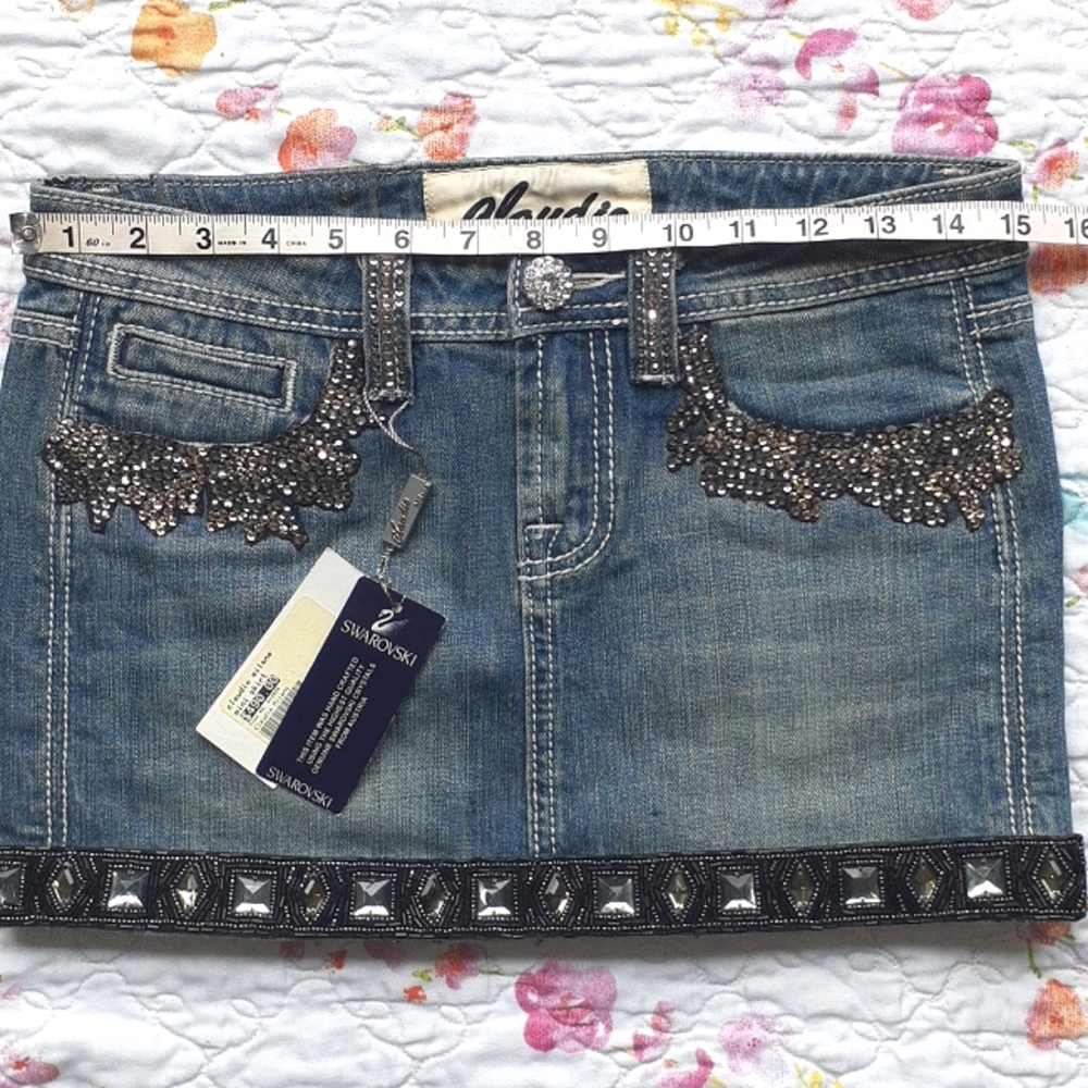 Swarovski Claudio Milano Crystal Denim Miniskirt Jean Miniskirt Size S - Picture 7 of 10